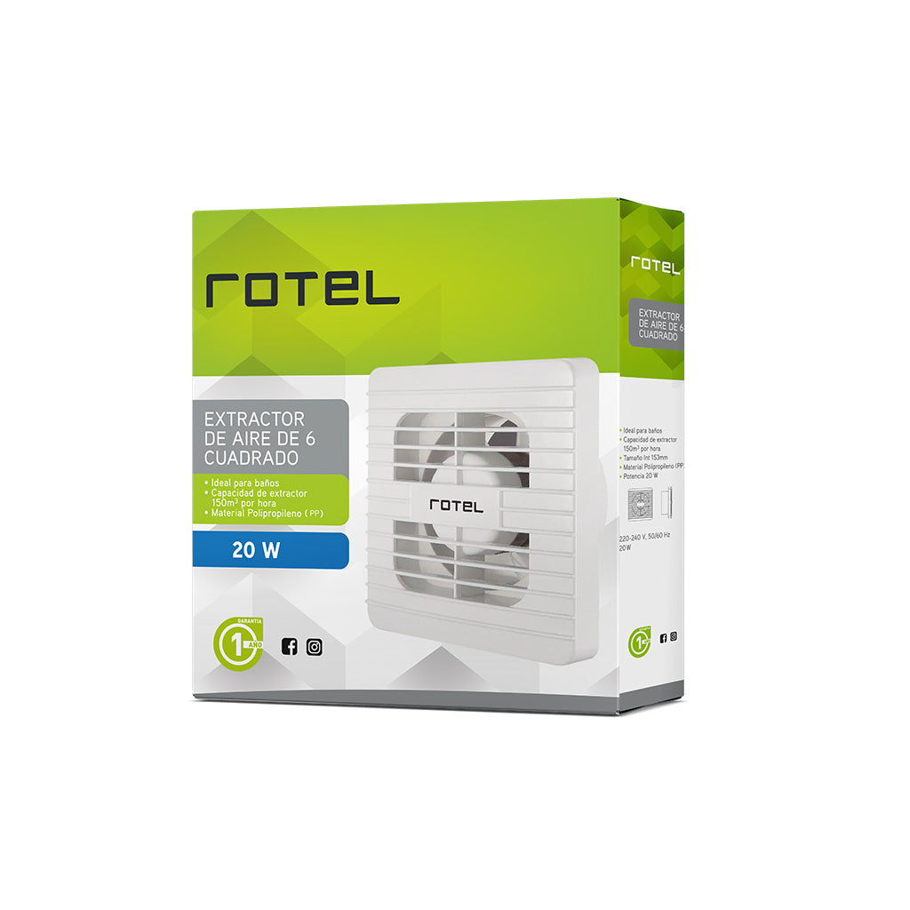 Extractor de Aire para Baño Rotel 6" 20 W Cuadrado