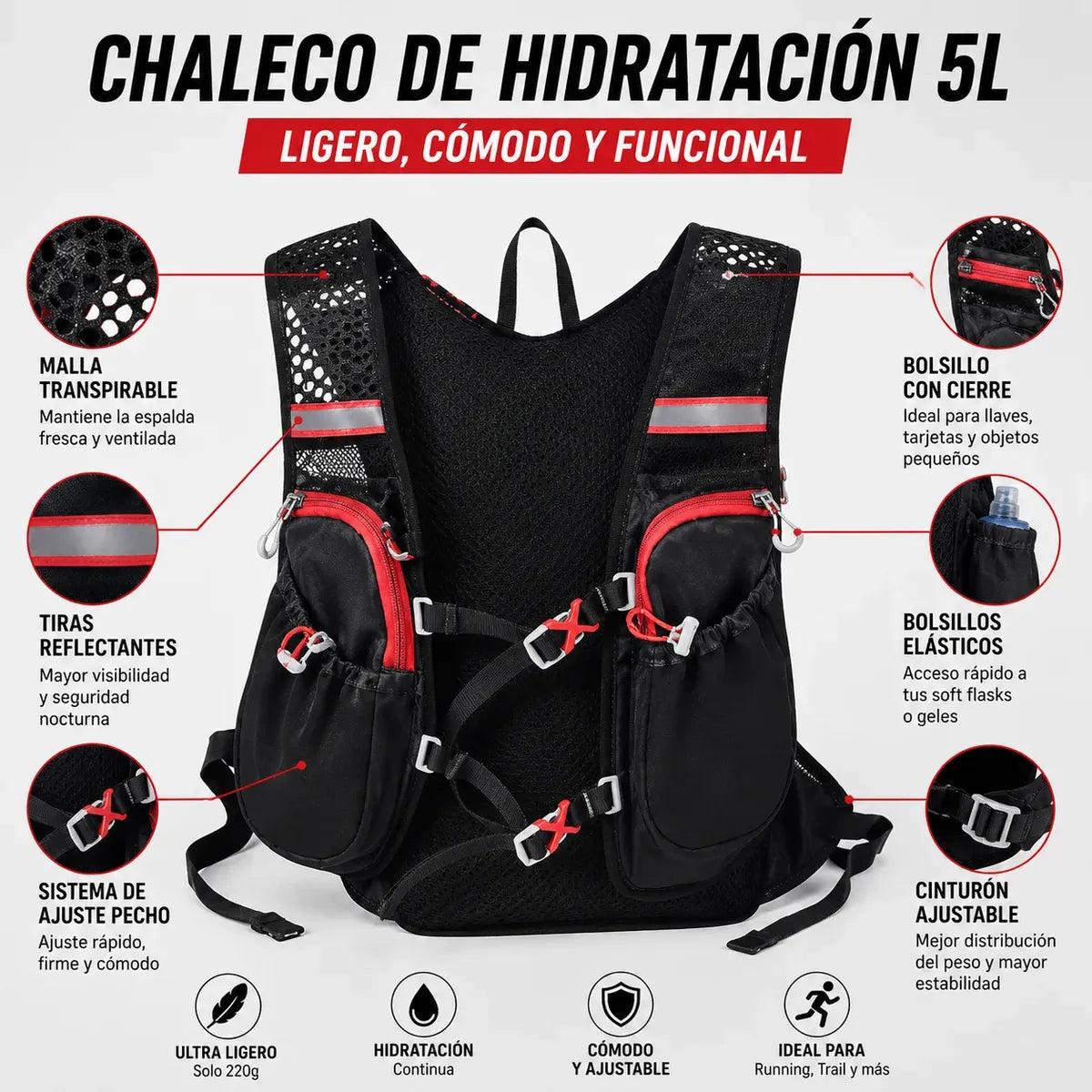 Chaleco Hidratación Running 5L + Vejiga 2L | Trail Running, Trekking y Ciclismo