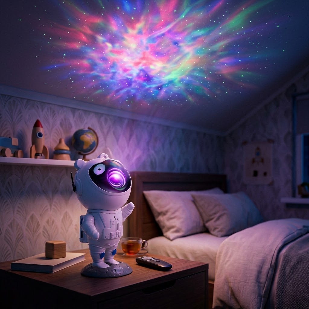 Proyector de Galaxia Astronauta - Luz LED de Estrellas y Nebulosas con Control Remoto (17 cm)