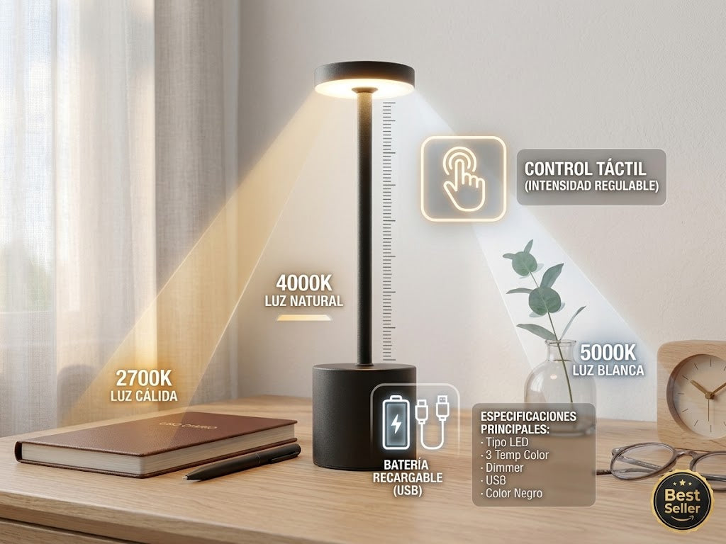 Lámpara de Escritorio Hogar LED Recargable Táctil | 3 Temperaturas de Color Intensidad Regulable